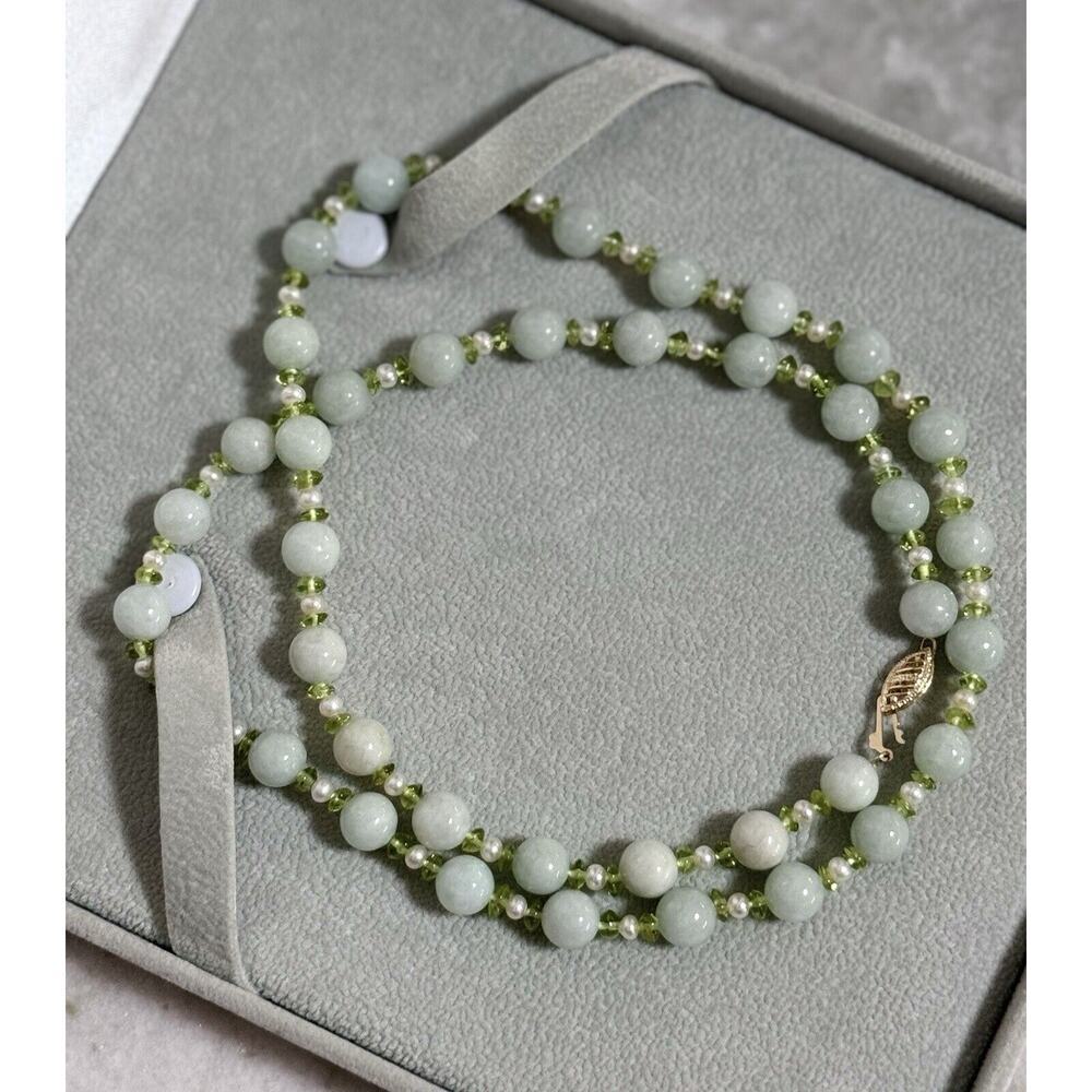 NOS 14K Gold GSJ Signed Jade Pearl Peridot 24in Beaded Necklace